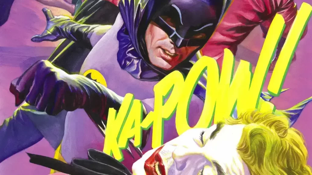 Arte de Batman dando um soco em Coringa na série clássica de 1966. Post Conheça o Batman de Michael Keaton 