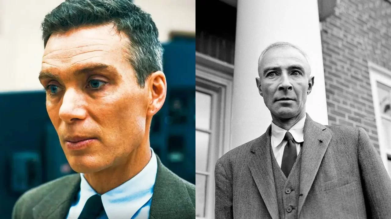 A foto do ator Cillian Murphy ao lado de outra foto do físico Oppenheimer. Post Conheça a História de Oppenheimer