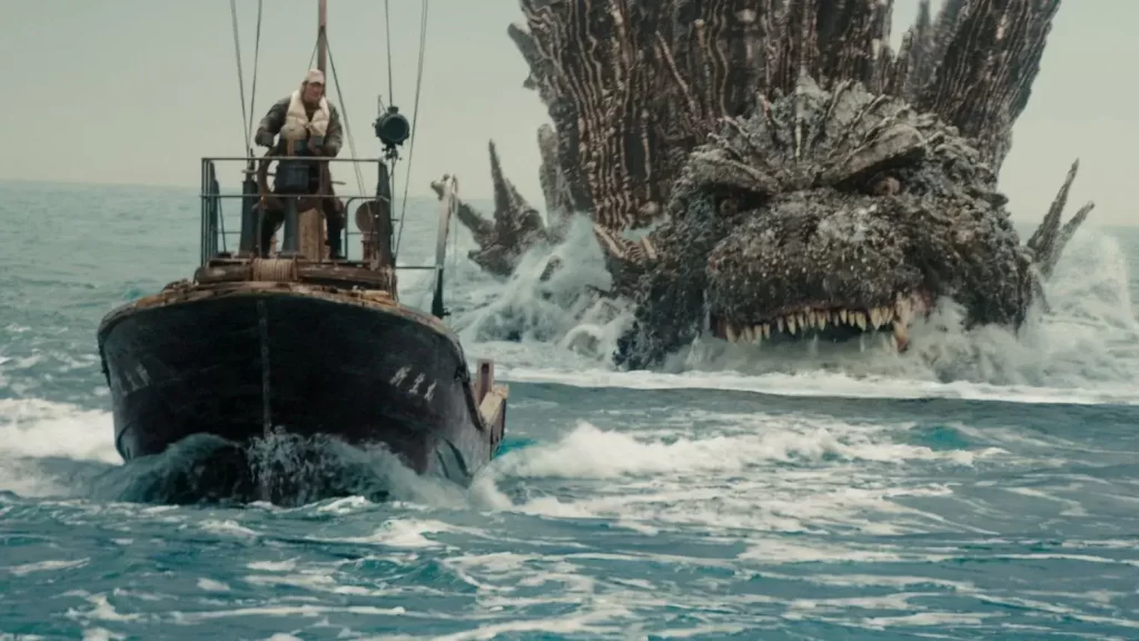 Godzilla persegue um barco no oceano, O Surpreendente Godzilla Minus One