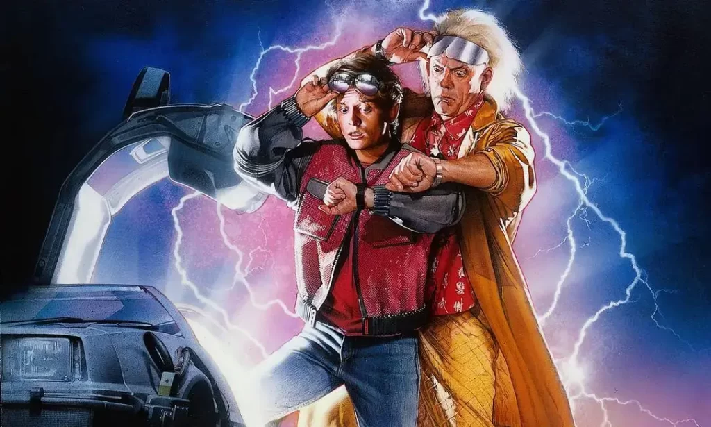 Poster do filme De Volta para o Futuro com os dois personagens principais olhando para o relógio de pulso. Post para comemorar o dia do orgulho nerd.