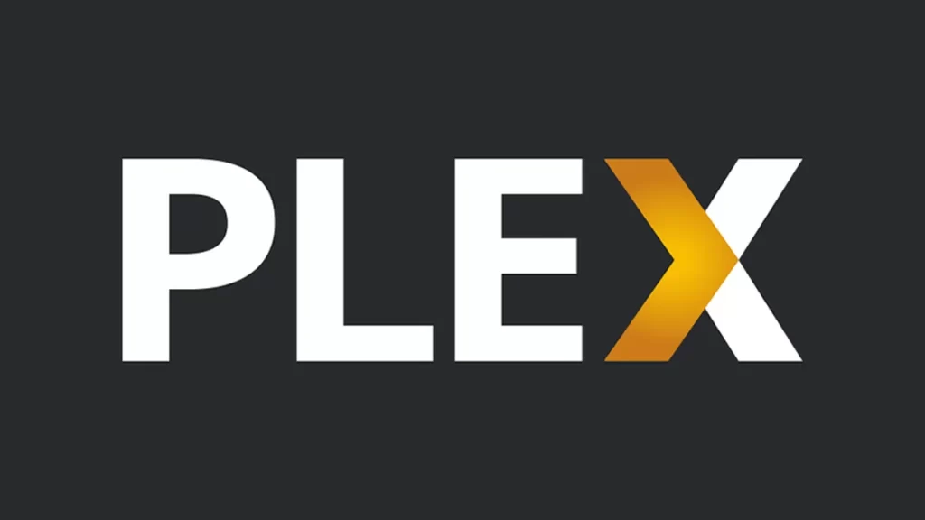 Logo da Plex nas cores branco e amarelo, com fundo preto. Post Top Streamings Grátis em 2024.