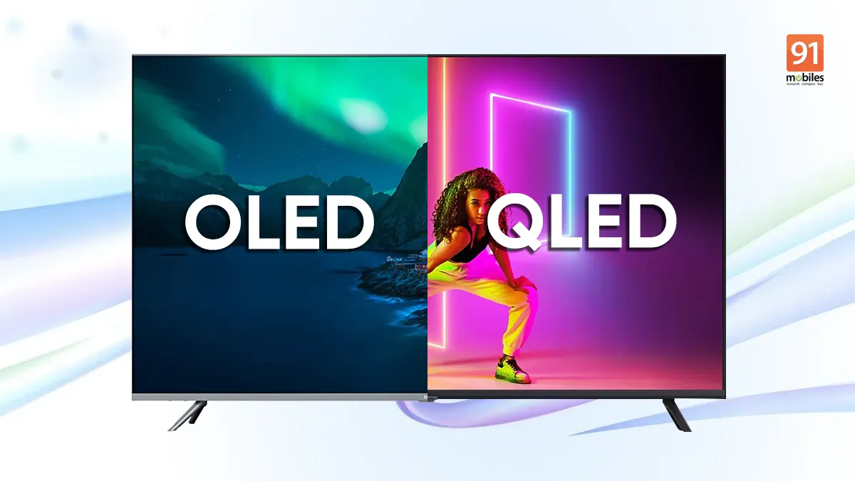 Uma tela divida ao meio, a esquerda escrita OLED e a direita escrita OLED. Post TV QLED vs. OLED: Qual Escolher?