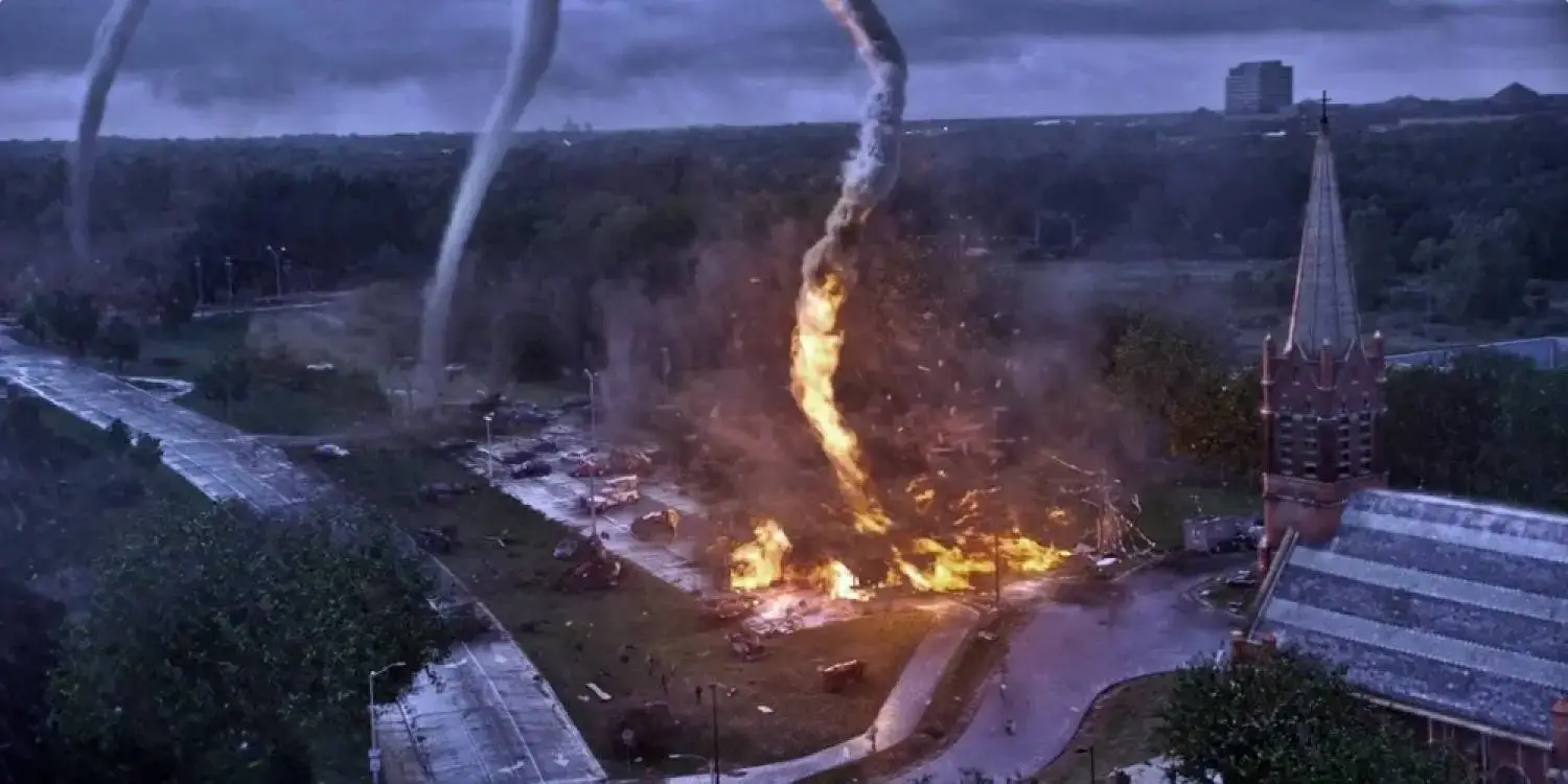 Cena com dois tornados na estrada do filme No Olho do Tornado. Post de filmes sobre desastres naturais.