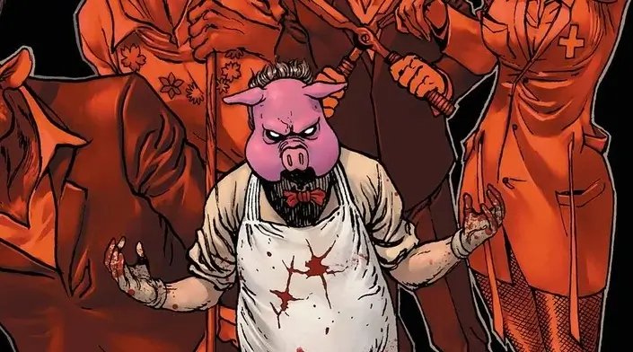 Cena em quadrinho que mostra o vilão Professor Pyg, com a máscara de porco e mãos ensanguentadas.  Post 7 Vilões do Batman que Merecem uma Chance no Cinema.