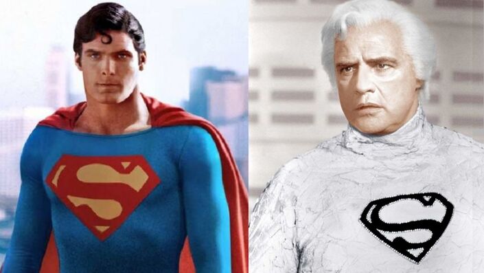 Christopher Reeve e Marlon Brando lado a lado como Superman e Jor-El no filme Superman de 1978.