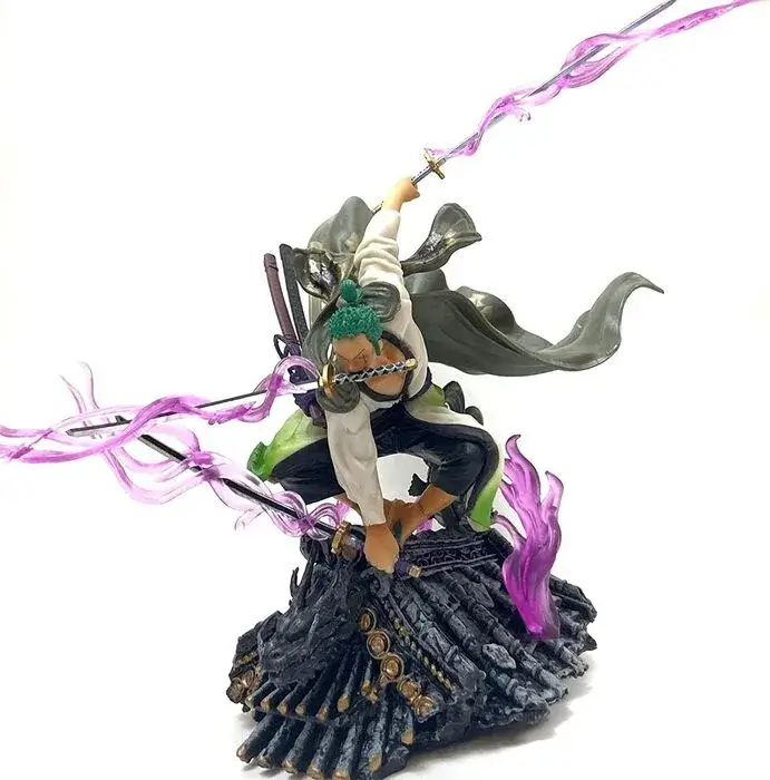 Estátua de Rorono Zoro em posição de ataque com cores roxas. Post sobre Action Figures de One Piece com Preços que Cabem no Bolso.